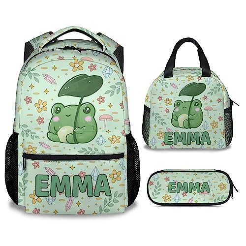 Mercuryelf Personalized Frog Girls Boys Backpack with Lunch Box Set, 3 in 1 School Travel Backpacks Matching Combo, Cute Green Bookbag and Pencil Case Bundle - color: Frog-1-3