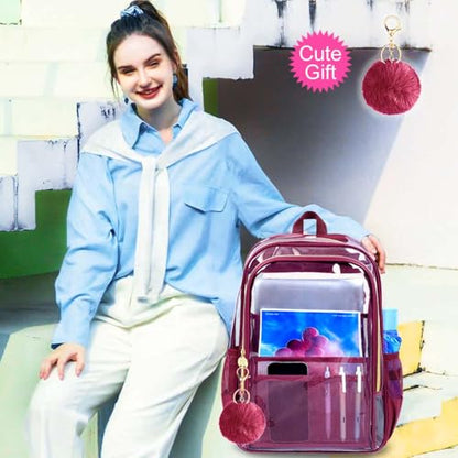 gxtvo Clear Backpack, Heavy Duty Transparent Bookbag, See Through Backpacks for Women Men | Heavy Duty - color: Chic Wine Red Clear Backpack