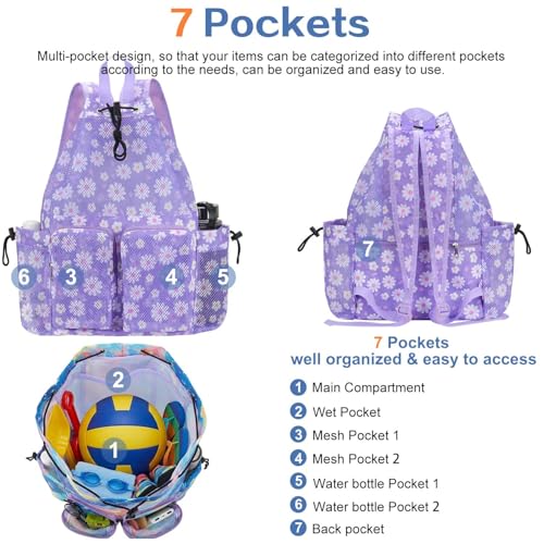 RHCPFOVR Mesh Swim Bags for Swimmers - Drawstring Backpack for Women Men Swim Team Gear Beach Gym Bag Sports - color: Purple Flowers, style: Purple Flowers