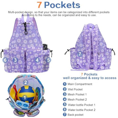 RHCPFOVR Mesh Swim Bags for Swimmers - Drawstring Backpack for Women Men Swim Team Gear Beach Gym Bag Sports - color: Purple Flowers, style: Purple Flowers