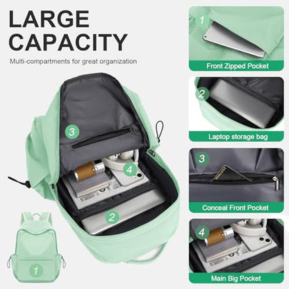 YGR Laptop Backpack for Women and Men, Waterproof Lightweight Travel Daily Rucksack Casual 15.6 inches Computer Bags for College, Green - color: Green