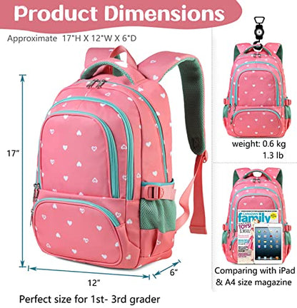 BLUEFAIRY Lightweight Water Resistant Backpack for Girls, Pink, 5-9 Years, Laptop Compartment, Adjustable Shoulder Straps, Breathable Mesh - color: Pink/Teal