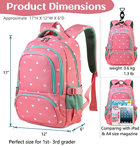 BLUEFAIRY Lightweight Water Resistant Backpack for Girls, Pink, 5-9 Years, Laptop Compartment, Adjustable Shoulder Straps, Breathable Mesh - color: Pink/Teal