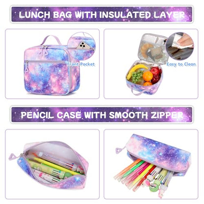 PIG PIG GIRL Backpack for Girls 3pcs Set Kids Backpack with Lunch Box Students Kawaii Book Bag for Elementary Primary Middle School Bags - Ita Backpack - Galaxy - color: Purple Galaxy