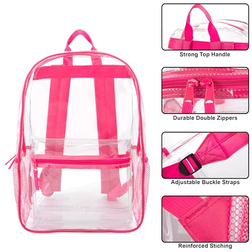 Trail maker Clear Backpack Heavy Duty with Padded Straps, Side Pockets for Kids, Boys, Girls, School, Stadium Approved Events - color: Pink