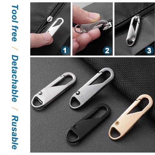 12 PCS Zipper Pull Replacement (Upgraded Metal Spring Design), Detachable Zipper Repair Tabs for Luggage, Backpacks, Jackets, Boots - 4 Colors (Black, Silver, Gold, Gray)