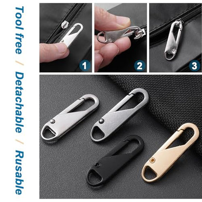 12 PCS Zipper Pull Replacement (Upgraded Metal Spring Design), Detachable Zipper Repair Tabs for Luggage, Backpacks, Jackets, Boots - 4 Colors (Black, Silver, Gold, Gray)
