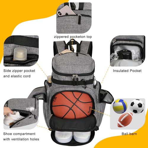 Goloni Basketball Backpack,Large Sports Bag with Ball Compartment & Shoe Compartment, Best for Basketball, Soccer - color: Grey