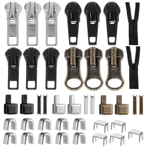 41 Pcs Zipper Repair Kit Black Separating Jacket Zippers Universal Replacement Slider Kit Metal Zippers Retainer Box Top Stop Bottom Replacement Zipper Fix Repair Tool for Jacket Coat Boot Backpack