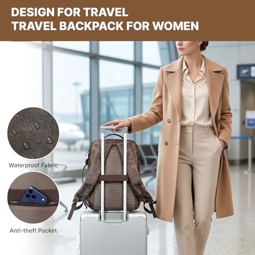 Travel Backpack for Men Women, PU Leather Carry On Backpack Flight Approved with Laptop Compartment, 40L Expandable Personal Item Travel Bag for Traveling Weekender Business (Coffee) - color: Coffee