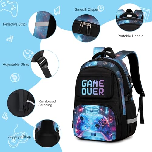 3PCS School Backpack for Boys, Cool Gamer Boys Backpack with Lunch Box and Pencil Case for Kids Kindergarten Teens Elementary Middle School Bag with Convenient Charging Port,Gaming Bookbag Waterproof - color: Sci-fi Realism