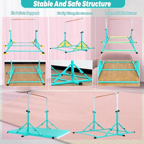 Marfula Gymnastic Bar For Kid and Teenage of 3-25, 5Ft/8 FT Base Length 4Ft Width 5Ft Adjust Height, Gymnastic Kip Bar For Gymnast, Gymnastic Training Equipment For Professional Training Home Club Use - color: Bar With Mat-Cyan (5 Ft Base)