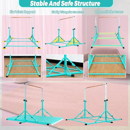 Marfula Gymnastic Bar For Kid and Teenage of 3-25, 5Ft/8 FT Base Length 4Ft Width 5Ft Adjust Height, Gymnastic Kip Bar For Gymnast, Gymnastic Training Equipment For Professional Training Home Club Use - color: Bar With Mat-Cyan (5 Ft Base)