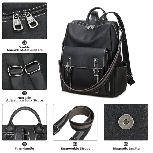 AGLOD Backpack Purse for Women PU Leather Back Packs Designer Ladies Shoulder Bag Fashion Faux Work Travel Handbags - color: Black