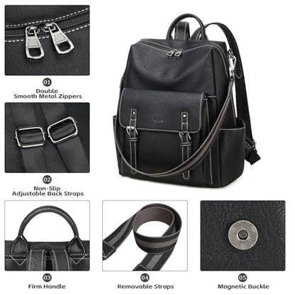 AGLOD Backpack Purse for Women PU Leather Back Packs Designer Ladies Shoulder Bag Fashion Faux Work Travel Handbags - color: Black