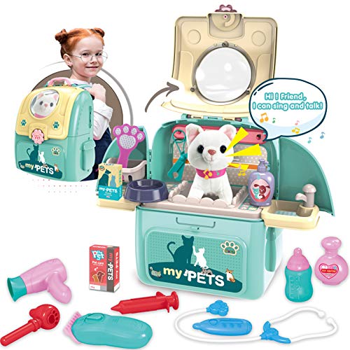 Pet Cat Carrier Backpack Toy, MAGIC4U 23PCS Pet Care Playset,Vet Clinic and Doctor Kit for Kids, Pet Veterinarian Medical Role Play Set for Boys and Girls Ages 3-6 - style: Green