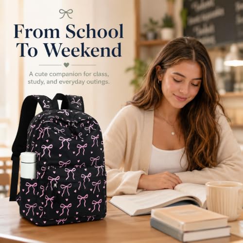 Bluboon School Backpack for Teen Girls Women Laptop Backpack College Bookbags Middle School Travel Work Commuter Back Pack - color: Black Base Pink Bow & Heart