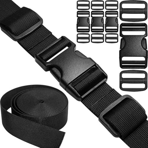 Nylon Straps 1-1/4 inch Wide with Buckles and Slides: 6 Yard of 1.25" Webbing, 4 Pack Side Release Buckle, 8 pcs Tri-Glide Slider, Heavy Duty Plastic Clip Quick Fastener Replacement Dual Adjustable - size: 1-1/4" x 6 yd Strap + 4 pack Buckles