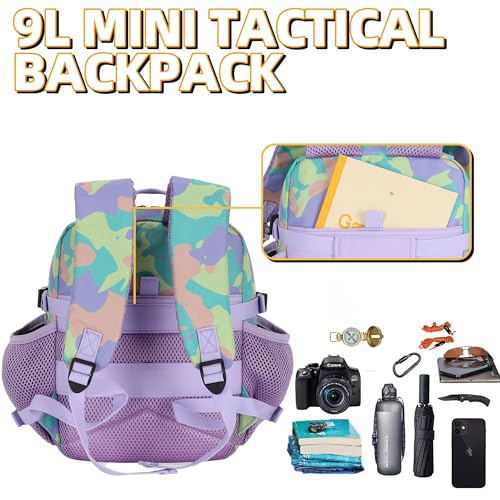 9L Mini Tactical Backpack for Men and Women Tactical Backpack Small for Hiking Small Tactical Bag Fitness Pack - color: Purple Green and Yellow