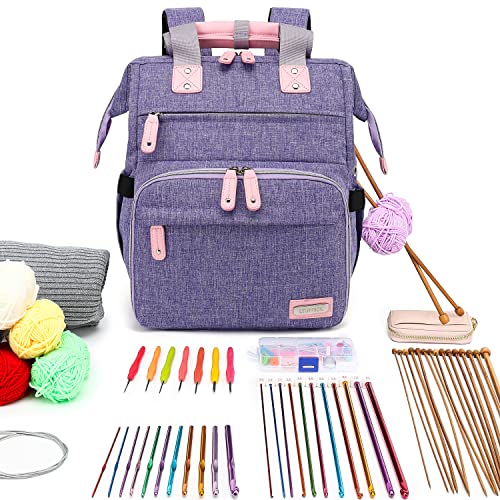 LTINVECK Knitting Bag Backpack,Yarn Storage Organizer Travel Crochet Bag,Large Capacity Tote Bag Yarn Holder Case for Carrying Projects, Knitting Needles, Crochet Hooks,Purple - color: Purple