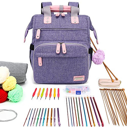 LTINVECK Knitting Bag Backpack,Yarn Storage Organizer Travel Crochet Bag,Large Capacity Tote Bag Yarn Holder Case for Carrying Projects, Knitting Needles, Crochet Hooks,Purple - color: Purple