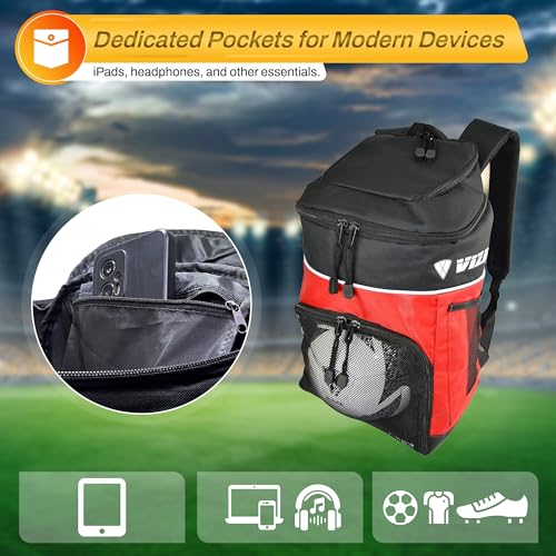 Vizari Soccer Backpack Soccer Bag | Water resistant Durable Equipment Bag for Football, Basketball, Volleyball | Cleats and Ball Compartment - Red,Blue,Black - color: RED