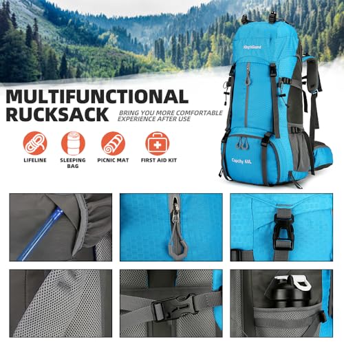 King'sGuard 60L waterproof lightweight hiking backpack with rain cover and shoe compartment outdoor sports travel backpack (Light blue) - color: Lightblue
