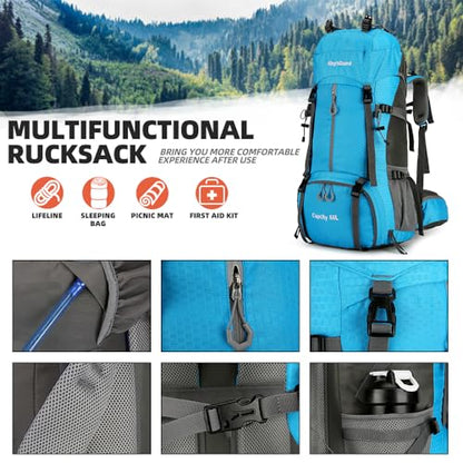King'sGuard 60L waterproof lightweight hiking backpack with rain cover and shoe compartment outdoor sports travel backpack (Light blue) - color: Lightblue