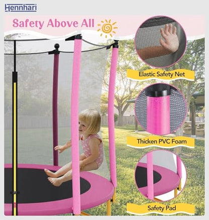 5 FT Kids Trampoline with Safety Enclosure Net, Indoor Outdoor Toddler Trampoline with U-Shaped Legs & Foam Poles, Mini Trampoline for Kids - color: Pink