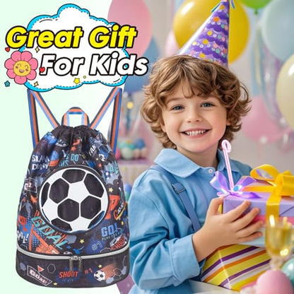 Drawstring Backpack for Kids Girls, Cute Cartoon Football Waterproof Drawstring Bag String Swim Gym Sports Beach Bag with Shoes Compartment and Wet Proof Pocket - color: J08. Soccer