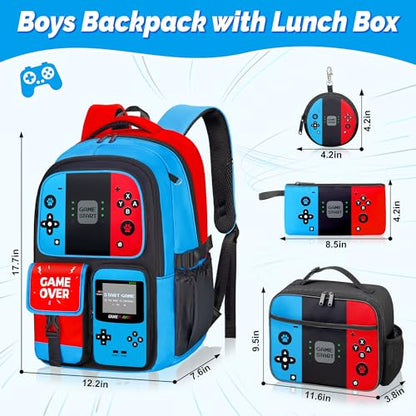 Gamer Backpack for Boys, 4pcs Gaming Boys Backpack with Lunch Box and Pencil Case for Kids, Video Gamer School Bags - color: Red and Blue