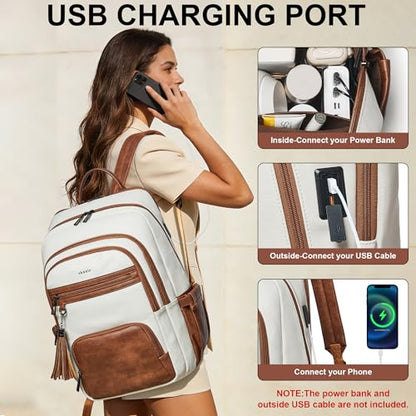 Shrrie 17 Inch Faux Leather Laptop Backpack for Women with Large Cup Holder - color: Beige With Brown