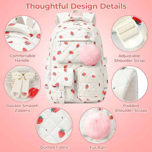 Quilted Backpack for Teen Girls, Cute Strawberry School Backpack with Multi-Pocket Design, Lightweight Cotton Bookbag Fits 15.6" Laptop, Large Capacity Aesthetic Backpack with Plush Charm - color: Strawberry