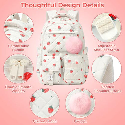 Quilted Backpack for Teen Girls, Cute Strawberry School Backpack with Multi-Pocket Design, Lightweight Cotton Bookbag Fits 15.6" Laptop, Large Capacity Aesthetic Backpack with Plush Charm - color: Strawberry