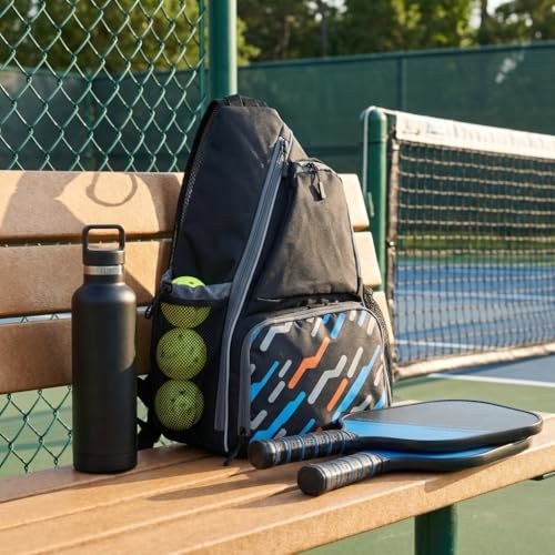 Pickleball Sling Bag with Shoe Compartment - Crossbody Backpack Fits 2 Paddles, 32oz Bottle & Fence Hook, Sports Bag for Men & Women (Shoe Limit: up to US Men's 10 / Women's 11.5) - color: Black/Grey