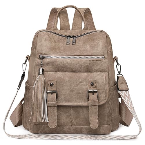 Fashion PU Leather Backpack Purse for Women Travel Backpack Bag with Tassel Ladies Shoulder Handbags Casual Daypack - color: Khaki