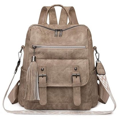 Fashion PU Leather Backpack Purse for Women Travel Backpack Bag with Tassel Ladies Shoulder Handbags Casual Daypack - color: Khaki