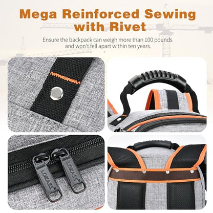 Tool Bag Backpack, 75 Pockets & Loops Heavy Duty Tools Organizer Bags/HVAC Tool Carrier for Eelectrician/Construction Work with Molded Base and Combination Lock, Large, Grey - color: Grey