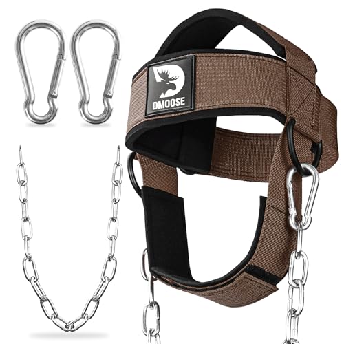 DMoose Fitness Neck Harness for Weight Lifting - Soft Padded Head & Chin Strap with 30" Heavy Duty Steel Chain - Neck Exerciser, Trainer & Strengthener to Support Injury Recovery and Intense Workouts - color: Cocoa Brown