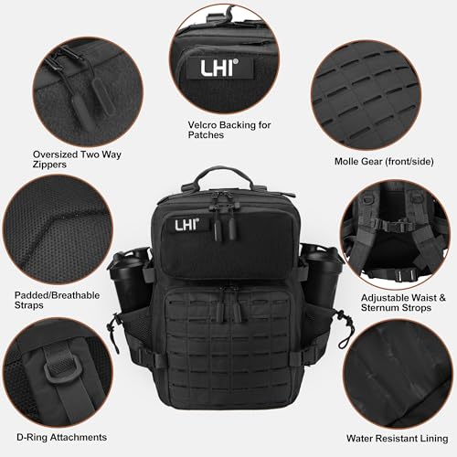 LHI Tactical Military Backpack for Men 25L/45L Large Molle Army Assault Pack 3 Day Hiking Rucksack With Bottle Holder - color: Black With Bottle Holder, size: 25L