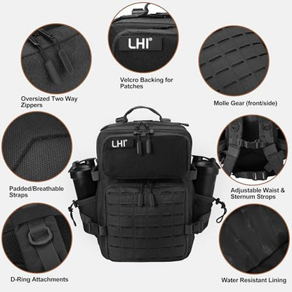 LHI Tactical Military Backpack for Men 25L/45L Large Molle Army Assault Pack 3 Day Hiking Rucksack With Bottle Holder - color: Black With Bottle Holder, size: 25L