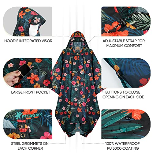 PTEROMY 3-in-1 Hooded Rain Poncho for Adult with Pocket, Waterproof Lightweight Unisex Raincoat for Hiking Camping Emergency - color: Blossom Season