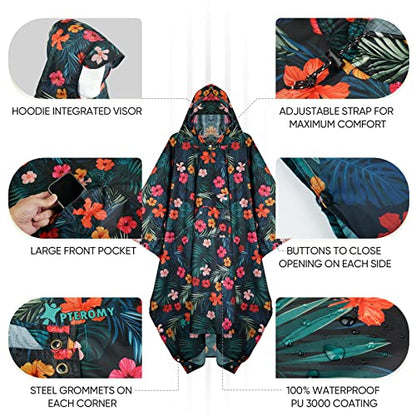 PTEROMY 3-in-1 Hooded Rain Poncho for Adult with Pocket, Waterproof Lightweight Unisex Raincoat for Hiking Camping Emergency - color: Blossom Season