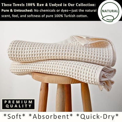 PÜSKÜL Undyed-Raw Waffle Bath Towels Set of 2-Piece | Organic Natural 100% Turkish Cotton Towel | Premium Quality Body Towels for Bathroom & Sauna | 32x63 inch Large Bath Sheet | Earthy Spa Experience - color: Natural Beige