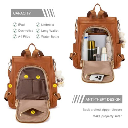 Soperwillton Women Fashion Backpack Purse Anti-Theft Leather Shoulder Bag Travel Multi Pockets Handbag Wallet Set 3pcs - color: Brown
