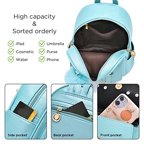 I IHAYNER Girls Fashion Backpack Mini Backpack Purse for Women Teenage Girls Purses PU Leather Pompom Backpack Shoulder Bag - color: Green
