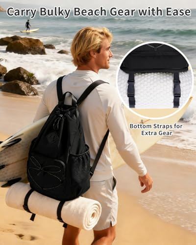 WANDF Drawstring Backpack with Removable Wet Pocket, Sandproof Beach Backpack with Bottom Compression Strap for Beach Mat, Swim Bag for Pool, Gym, Travel and Workout Gear (Black) - color: Black