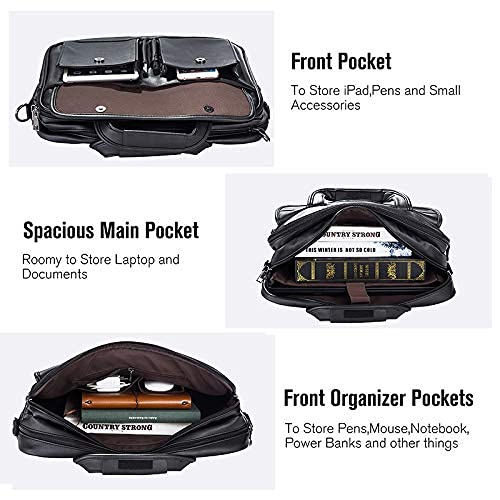 seyfocnia Men's Business Travel Briefcase Leather Handmade Messenger Bags Laptop Bag - color: Black, size: 15.6inch