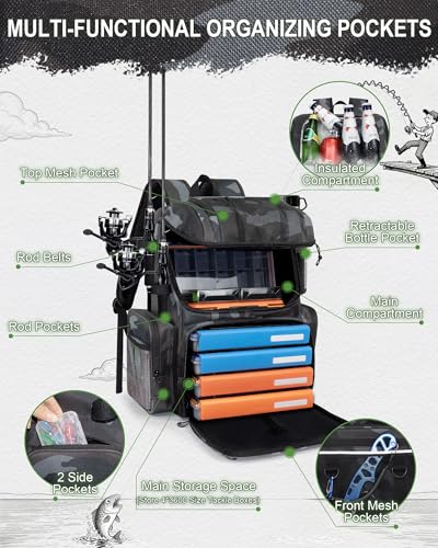 Fishing Backpack, Large Water Resistant Tackle Bag Storage Fishing Gear and Equipment, Built-in Cooler Compartment Khaki - color: Khaki Camo