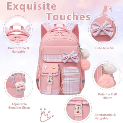 Alrisg Girls School Backpack Preppy Plaid Bookbag Lightweight Backpack for Girls Elementary Middle School Bow Pink - color: Pink, size: 17in
